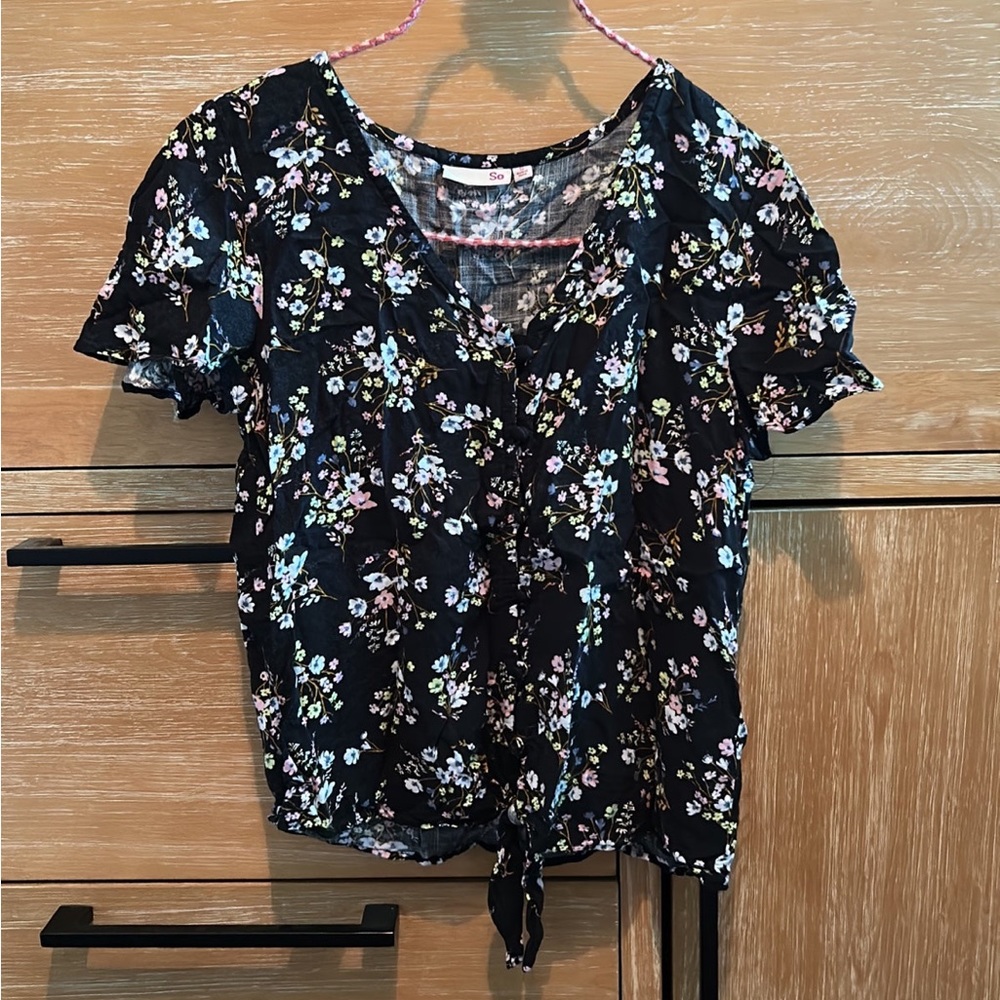 Front tie black floral button shirt